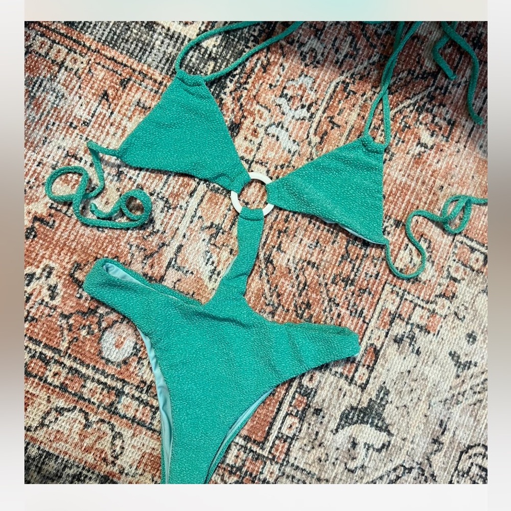 Lovers + Friends Seafoam Green Textured One-Piece with Ring Accent